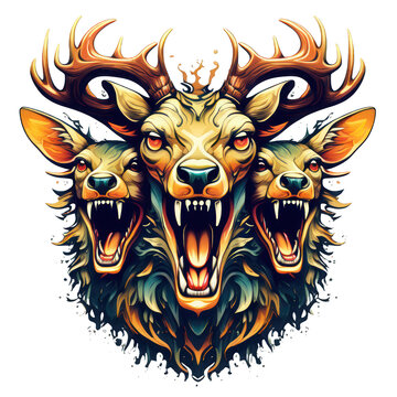 three-headed deer monster with horns illustration for t-shirts, stickers, logos and mascots