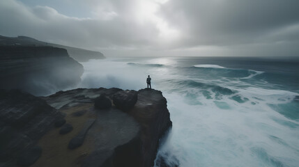 Solitude at the Cliffs: A Person Contemplating the Vast Ocean AI-Generative