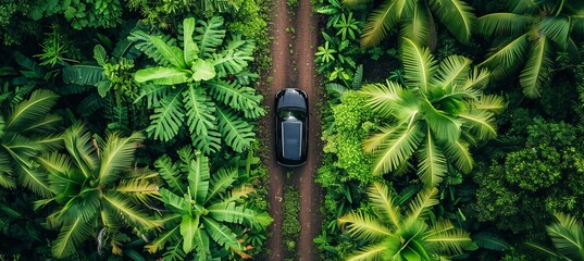 Aerial view of car on asphalt road in lush rainforest with dense green tree canopy