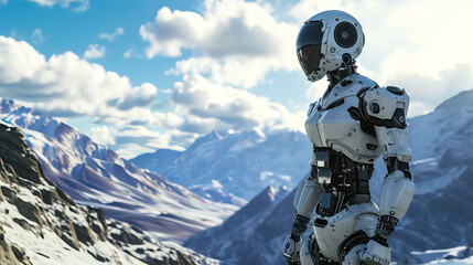 white humanoid robot is standing in a top mountain - AI Generated