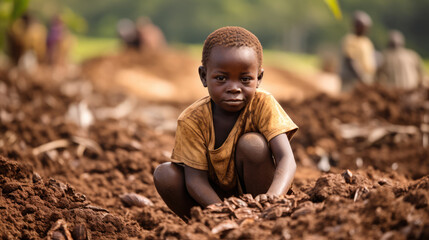 child labour concept. Small african child working on cocoa plantation looking at camera - obrazy, fototapety, plakaty