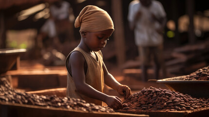children's rights. Small african child working on cocoa plantation looking at camera - obrazy, fototapety, plakaty