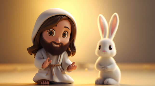 animated chibi Jesus and Easter bunny 3d render over yellow background