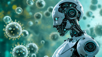 AI robot standing next to a corona virus - AI Generated