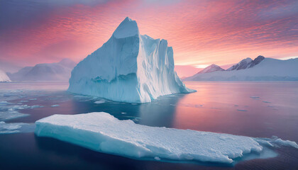 Arktyczny krajobraz góra lodowa o wschodzie słońca, dekoracja tapeta generative ai - obrazy, fototapety, plakaty
