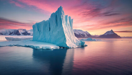 Arktyczny krajobraz góra lodowa o wschodzie słońca, dekoracja tapeta generative ai