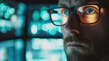A close-up of a programmer's face illuminated by the glow of multiple computer screens, conveying the intensity and passion involved in bringing digital ideas to life, with space f