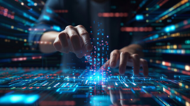 A dynamic shot of a programmer's hands reaching out to touch a digital interface, creating a visually engaging scene that represents the connection between code and creativity, wit