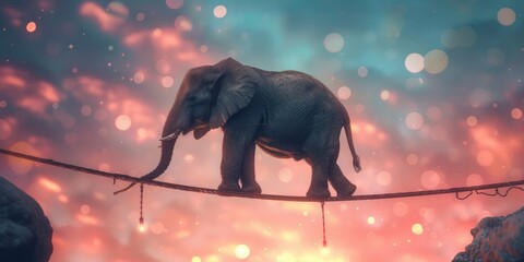 Fototapeta premium Whimsical Balance, Elephant Tightrope Walker Between Two Rocks in the Sky