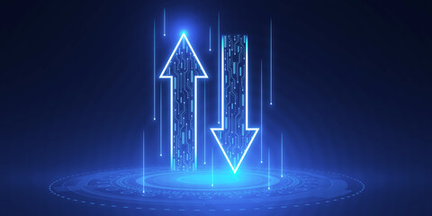Abstract up and down arrows on dark blue background. The concept of digital traffic or exchange. Business growth or investment ideas. Blue arrow technology background. 3D Rendering. © Who is Danny