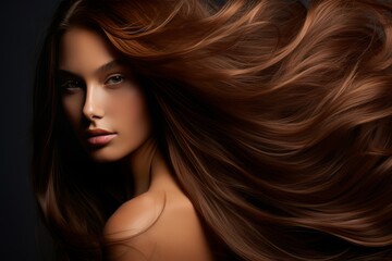 Close-up of a beautiful woman with luxurious, flowing brown hair, highlighting texture and shine, beauty and hair care concept.