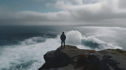 Solitude at the Cliffs: A Person Contemplating the Vast Ocean AI-Generative
