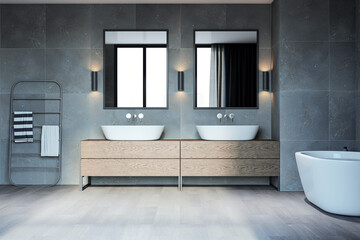 Fototapeta na wymiar Spacious concrete and wooden bathroom interior with various objects. 3D Rendering.