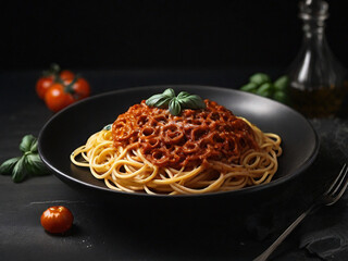  italian spaghetti on the dark plate 
