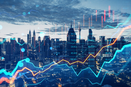 Glowing forex chart on blurry bokeh night city background. Trade, finance and market concept. Double exposure.