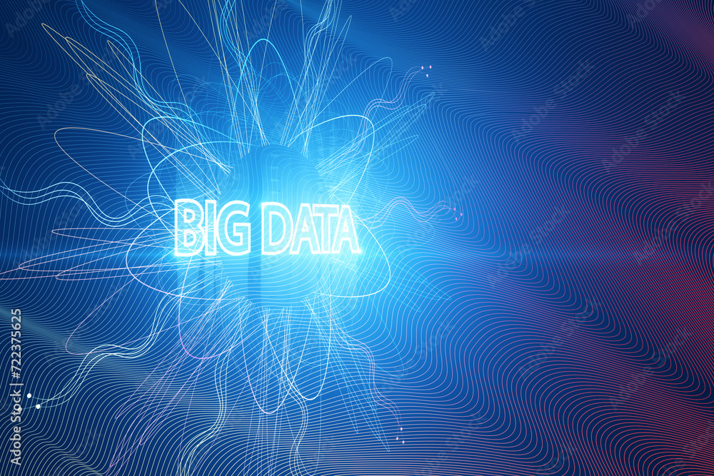 Poster Energetic big data representation with glowing trails and blue digital waves. Information technology concept. 3D Rendering