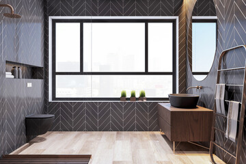 Sophisticated bathroom with charcoal herringbone tiles and wooden fixtures. Contemporary urban style. 3D Rendering