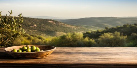 Plate with olives on a wooden table, against a background of olive trees. Generative AI