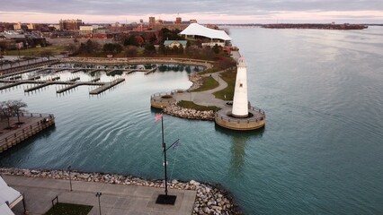Lighthouse on the Detroit river at sunset
