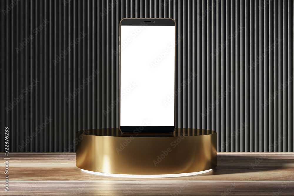 Poster Empty decorative linear wall with blank cellphone on golden pedestal, wooden surface with shadows and mock up place. Presentation concept. 3D Rendering.