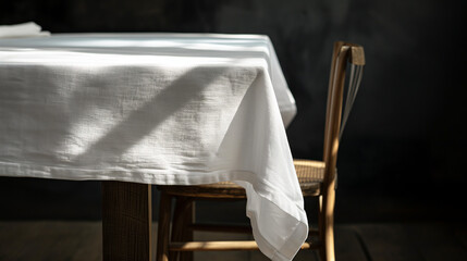 High-quality white linen tablecloth on a rustic wooden table