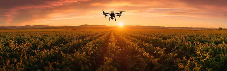 New generation food production, qualified agriculture, more efficient production theme with drones and smart applications - obrazy, fototapety, plakaty