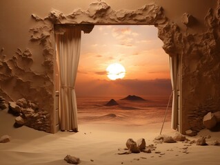 Open door into sand desert with sunrise