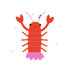 Cute red crayfish, hearts and love. Funny holiday graphic. Vector hand drawn illustration.