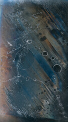 Weathered texture. Wet film. Dirty foil. Orange blue color dust scratches water drops distressed aged surface dark grunge illustration abstract background.