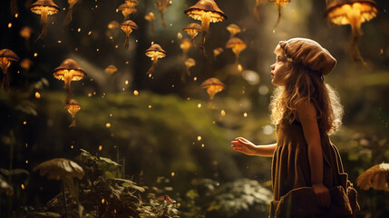 Amazed little girl in a magical fairy forest