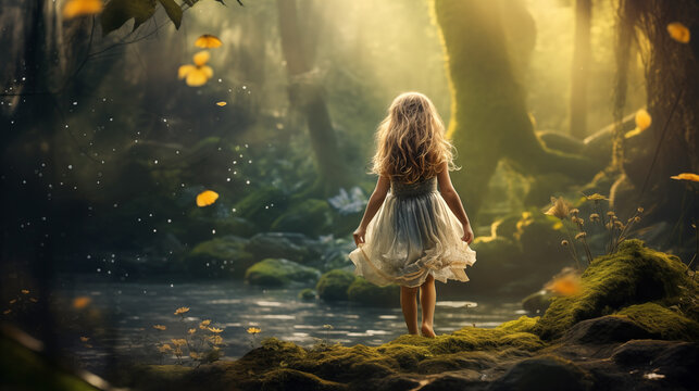 Amazed little girl in a magical fairy forest