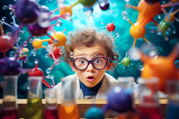 Surprised Child Boy Observing Colorful Chemical Reaction