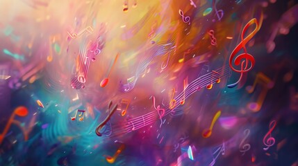 Colorful musical notes flying in the air. Music concept. Intertwined musical notes suspended in the air. Each note, illuminated by soft, gradient hues, represents a line in the stanza. - obrazy, fototapety, plakaty