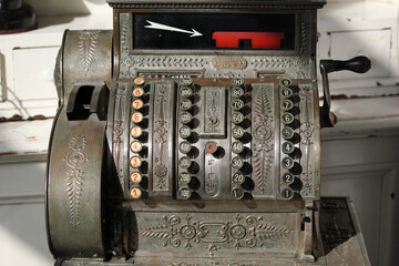 Old cash register vintage photo close up object
