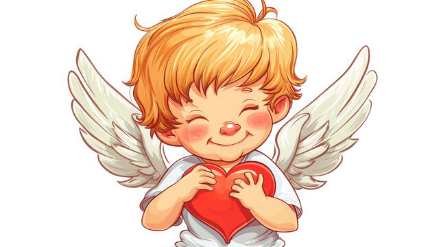 recommend clip art: child angel with wings closed his eyes with happiness, pressed his heart to his chest, on a white background
