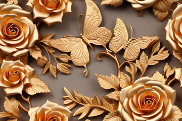 gold forged rose with butterflies, 3D patern texture