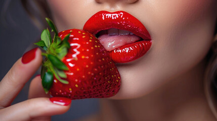 lips in red lipstick, a woman seductively licks a strawberry with her tongue, close-up