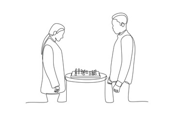 Two chess players before starting the race. Strategic planning, business development strategy, tactics in entrepreneurship. Continuous line draw design vector