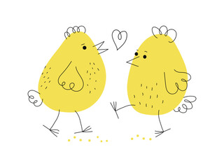 Set chickens. Cartoon funny chicks. Hand drawn linear icons, valentines day, Easter design. Animals, doodle style. Domestic bird. Vector illustration, isolated objects.