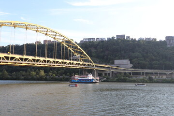 Andy Warhol Bridge and other famous yellow bridges in downtown Pittsburgh, Pennsylvania.  Over...