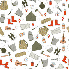 Pattern Camping set, equipment for an amateur tourist. Traveling, hiking, tourism, outdoor recreation. Backpack, tent, mat, water flask, thermos, food. Doodle drawings. Vector seamless 