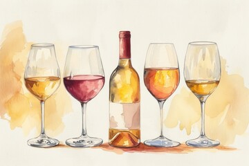Watercolor wine glass and bottle