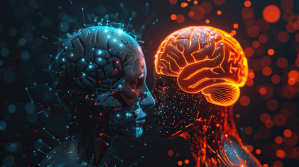 3d rendering of human brain on technology, Artificial intelligence, human brain and robot brain merged together