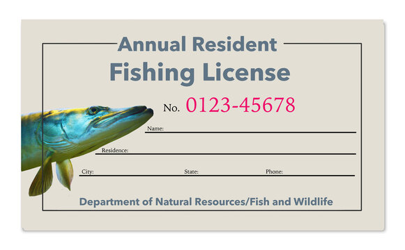 Here is a generic mock fishing license with the image muskie in the design. This is a 3-d illustration about sport fishing.