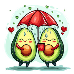cute avocados cartoon couple in love with red umbrella, valentines day cards 