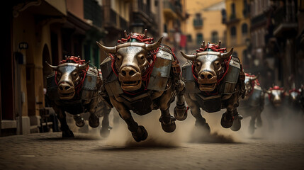 Fototapeta na wymiar Robotic bulls running the Sanfermines