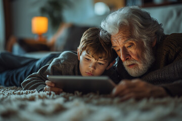 Grandfather and grandson lying on the floor at home