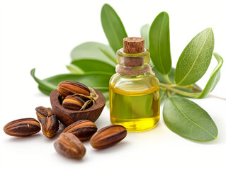 Glass bottle with jojoba oil and seeds on white background