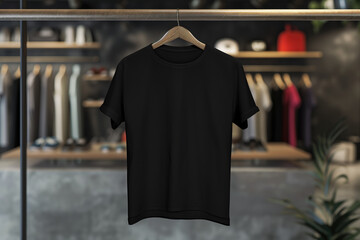 A classic black t-shirt hangs on a wooden hanger in a modern boutique setting, showcasing a timeless piece of casual apparel.