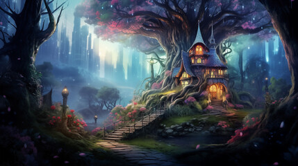 Fantasy castle in magic fairytale forest - obrazy, fototapety, plakaty